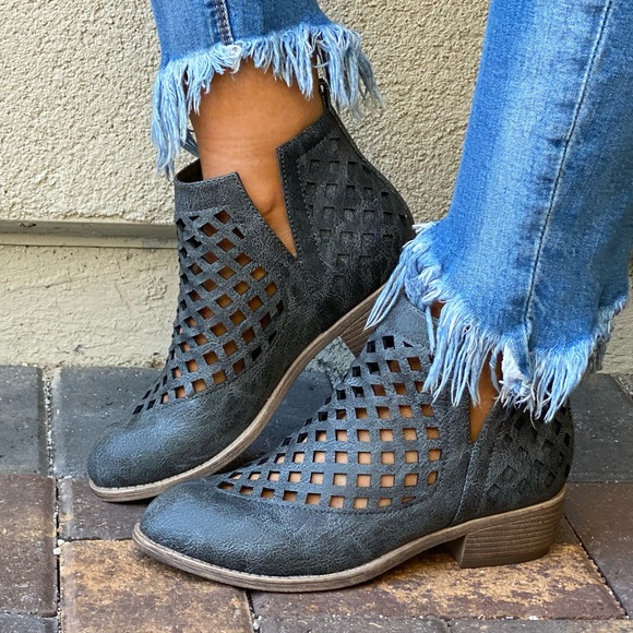 Charcoal V Split Perforated Caged Ankle Booties - Picture 10 of 15